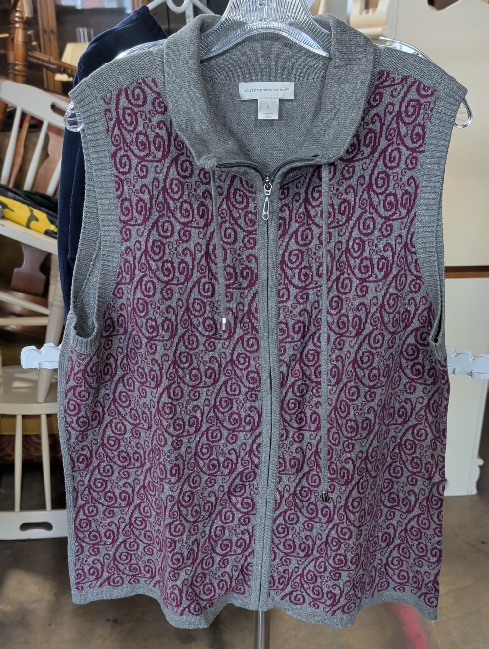 Christopher & Banks Gray and Plum Zip-Front Sweater Vest with Drawstring Collar